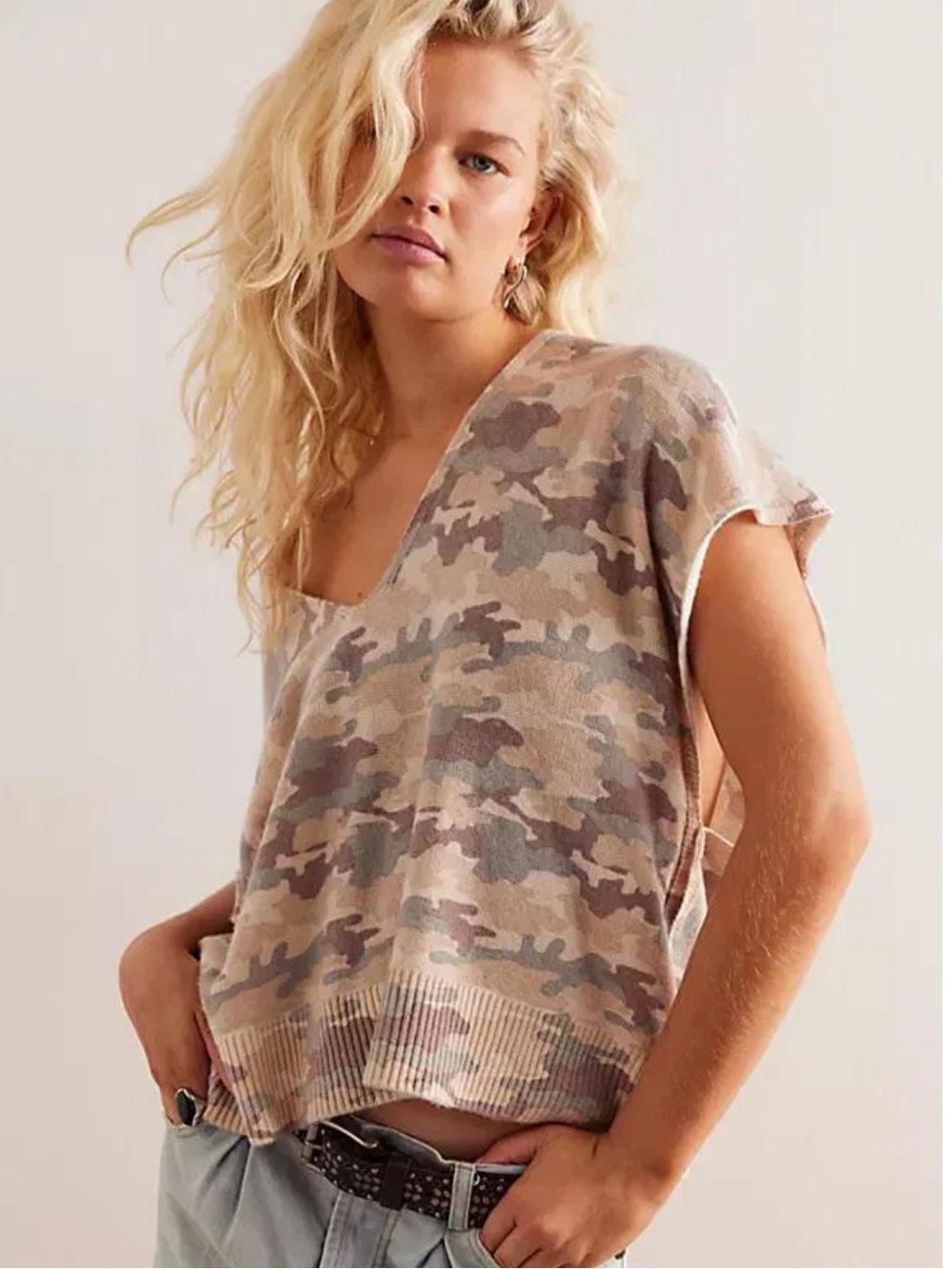 We The Free Beige Camo V-Neck Knit Tank